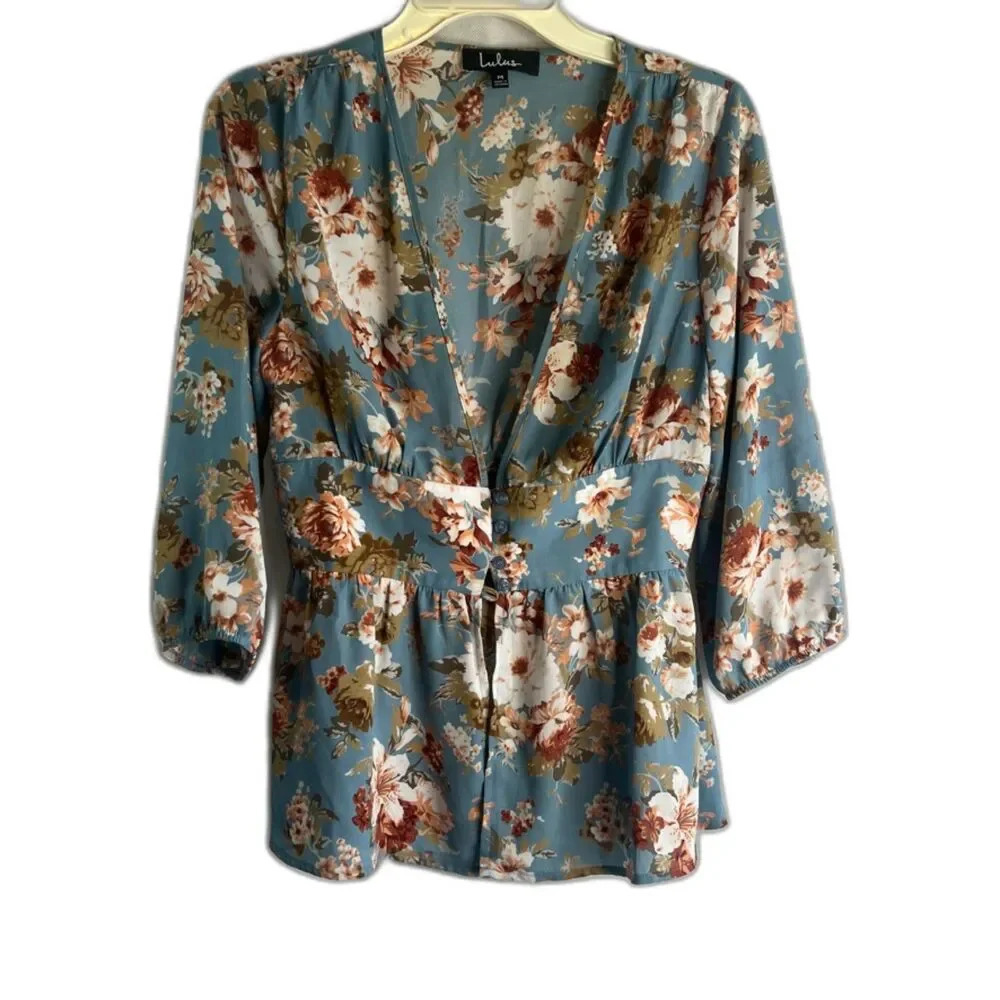 Lulu's 3/4 Sleeve Blue Floral Peplum Vneck‎ Boho Blouse Size Medium